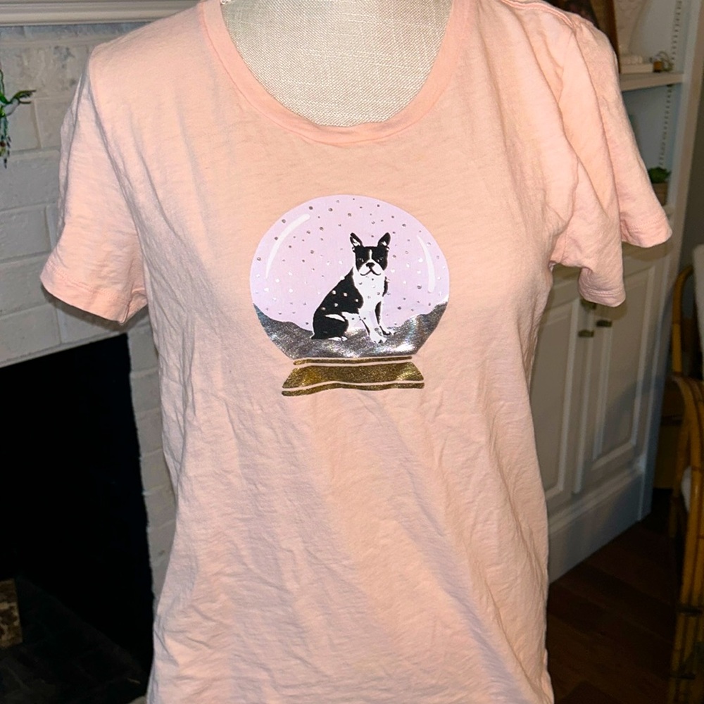 J Crew Collector Tee Frenchie Puppy Globe Pink